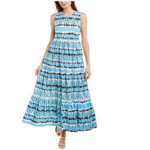 Tyler Boe 100% Cotton Poplin Tiered Maxi Dress Aqua Blue Ikat Abstract Small